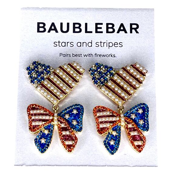BaubleBar Patriotic EARRINGS Dangle Drop Red White Blue Bows Hearts Pearl USA - Picture 8 of 8